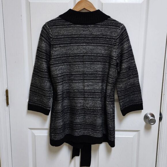 Talbots Sweater Womens PM Black Striped Merino Wool Knit Cardigan Button Belted - Picture 3 of 11